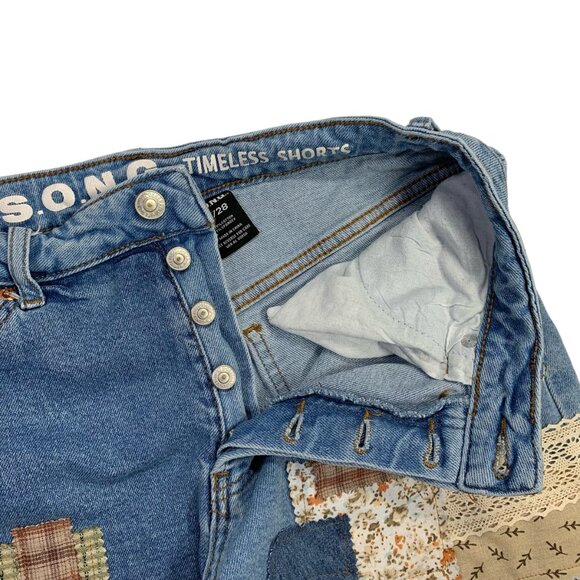 SONG Cut Off Jean Shorts Boho Denim Button Fly Distressed Plaid Patchwork 7 - Picture 11 of 12